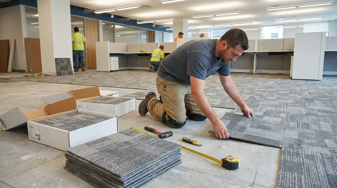 Commercial carpet tile installer on site