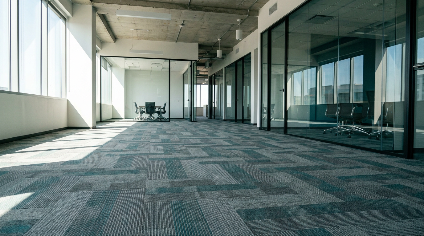 Modular carpet tile in office corridor
